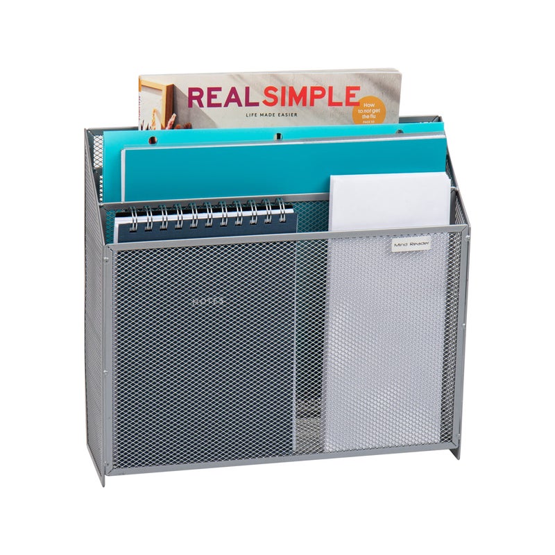 Mind Reader Vertical File Storage, Desktop Organizer, Wall Mount, Office, Metal Mesh, 12.5"L x 3.75"W x 11.5"H, Silver - Image 1